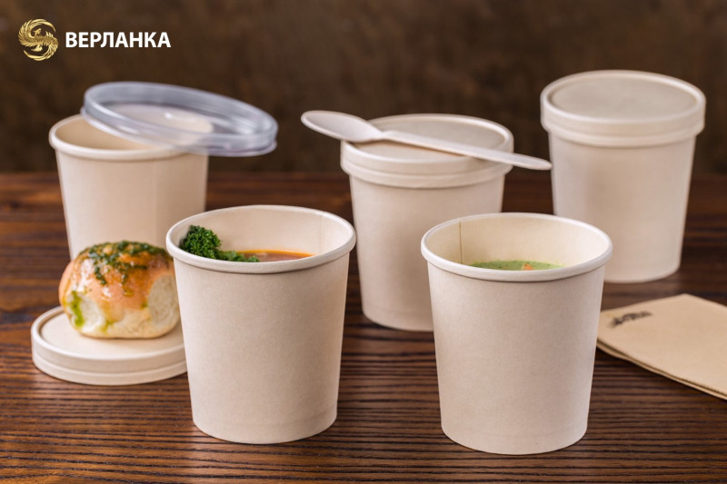 Bamboo paper disposable soup containers To-Go and Biodegradable cutlery.