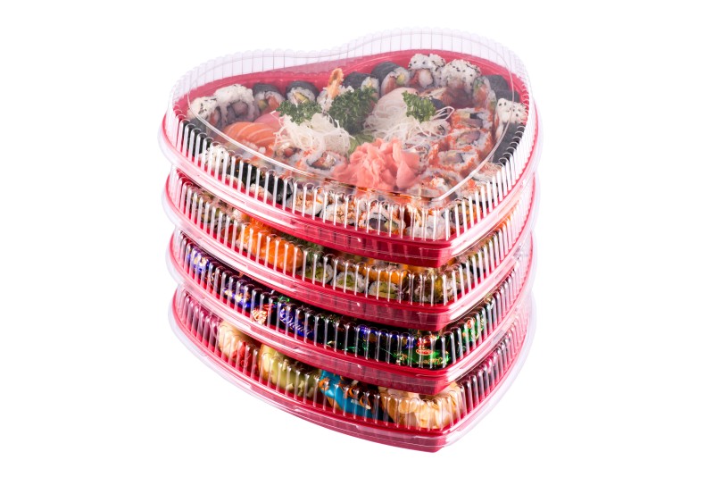 Valentine's Day heart shape take out packaging and sushi party platters